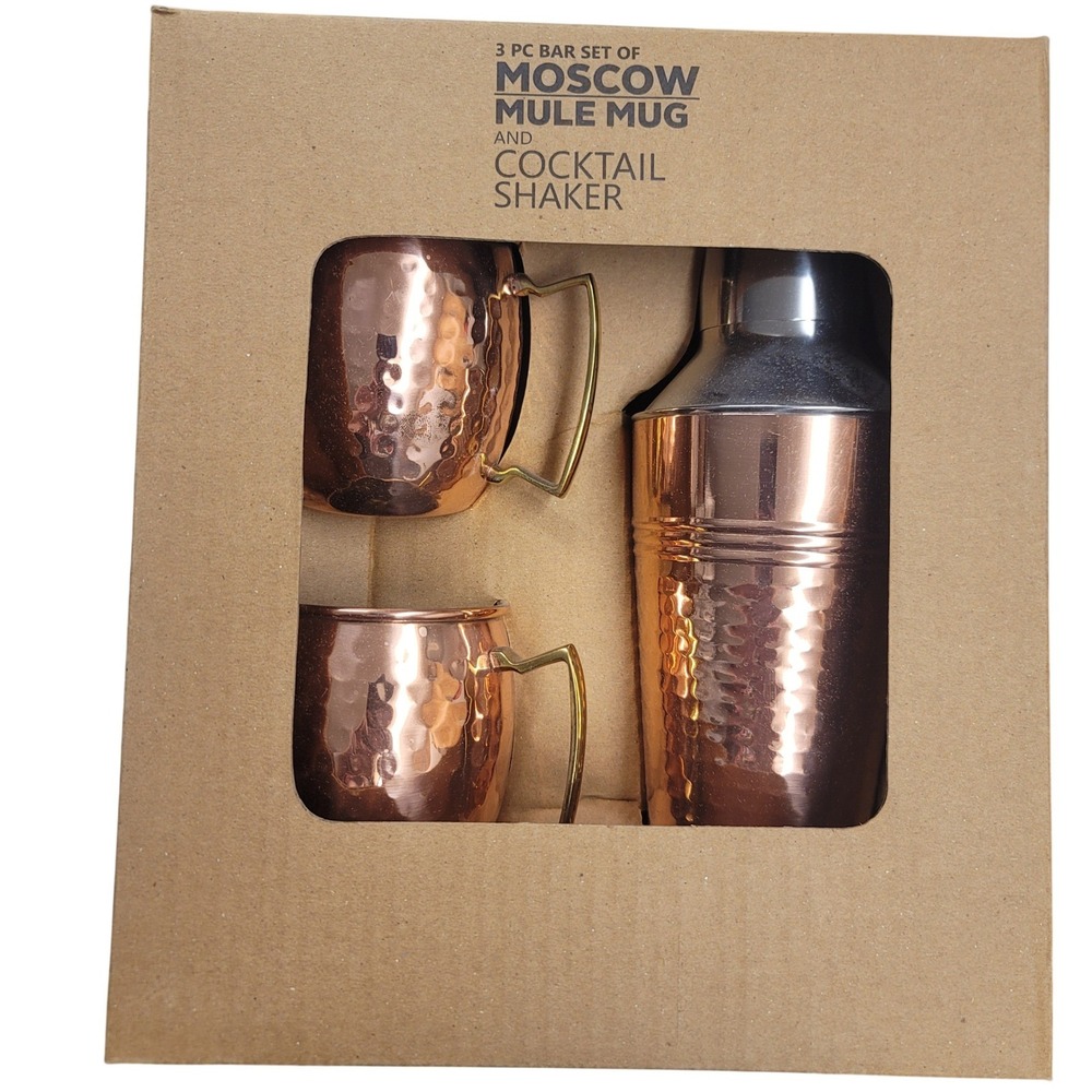 3 PC Moscow Mule Mug‎ and Cocktail Shaker Bar Set Hammered Copper BI-70521-D NEW
